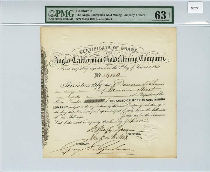 Anglo-Californian Gold Mining Co - Stock Certificate